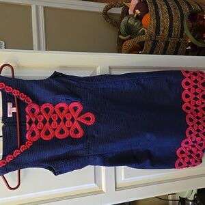 Lilly Pulitzer Navy Blue Pink Dress Sleeveless Dress Textured Empire Waist 2 EUC